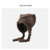 冬天毛绒棕色小熊套头帽女百搭冬季 保暖护耳雷锋帽个性 恶魔角冷帽