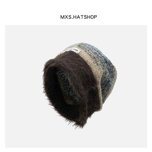 毛绒棕色针织堆堆帽女秋冬季保暖毛线帽复古百搭个性时尚包头帽潮