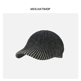 英伦小众羊毛针织鸭舌帽高级感条纹渐变混色马术帽秋冬保暖棒球帽