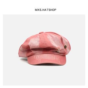 破洞水洗云朵贝雷帽女春夏新款个性R字母大头围时尚八角帽显脸小