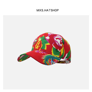 痞帅东北大花鸭舌帽男民族风棒球帽四季款复古红色半硬顶帽子女潮