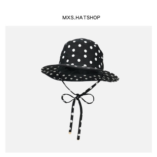 韩系可爱波点渔夫帽女百搭时尚 复古格子西部牛仔帽ins抽绳防晒帽