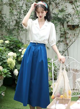 025新款法式复古小众港风短袖泡泡袖上衣衬衫a字半身裙两件套装