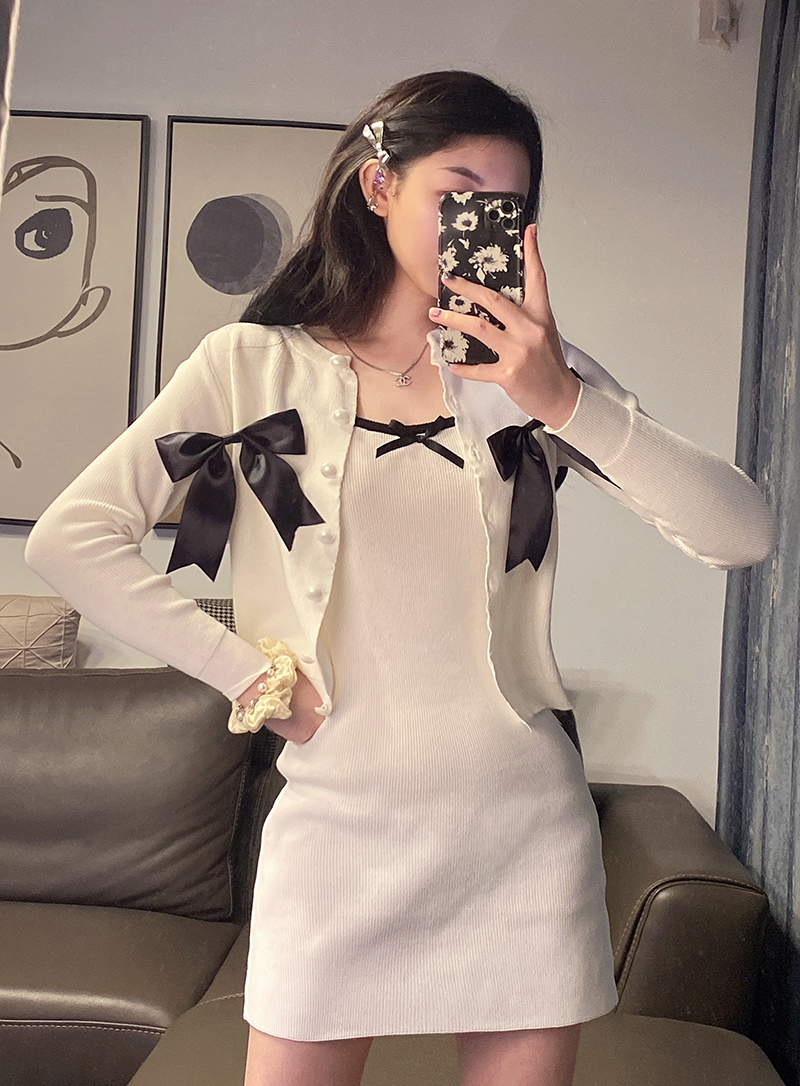 Real price ~ bow short knitted cardigan + slim knitted suspender skirt two piece suit for women