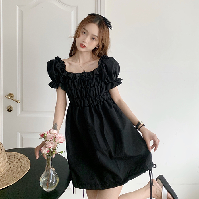 Real shot real price ~ Korean slim and versatile pure color fairy full of lovely bubble sleeve dress