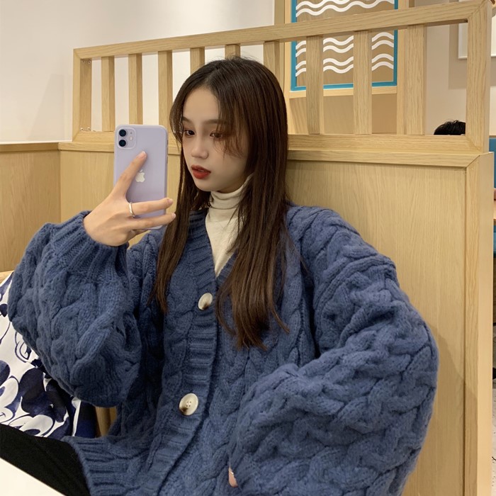 Real shot real price ~ Korean version of loose V-neck hemp pattern thick cardigan sweater for women