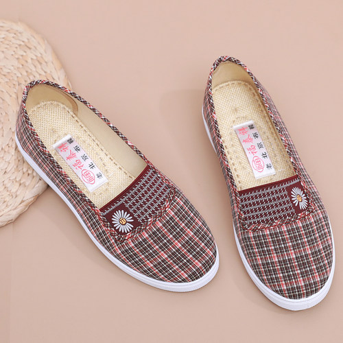 格子休闲中老年人懒人布鞋女