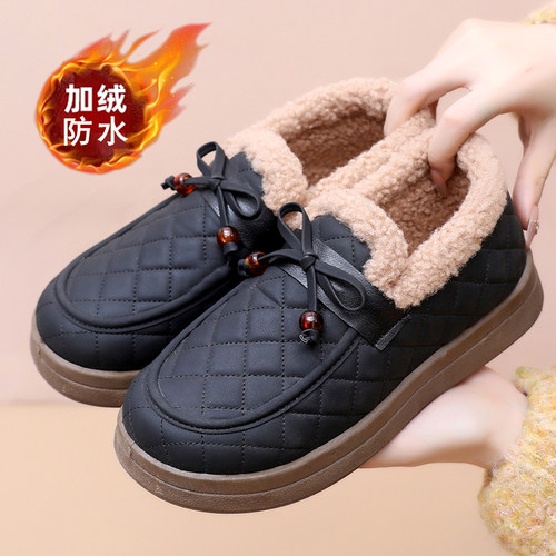 冬季加绒防水棉鞋女老北京布鞋女棉鞋一脚蹬保暖舒适防滑妈妈棉鞋