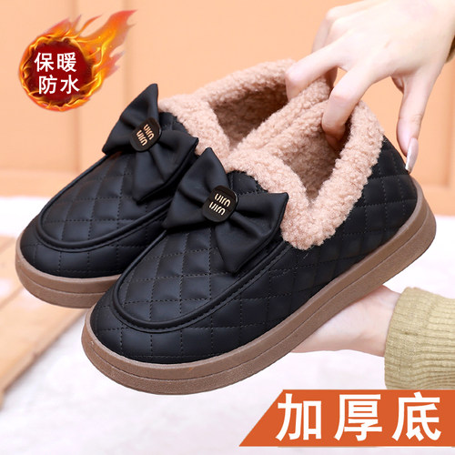 秋冬女士棉鞋老北京布鞋女加绒加厚保暖防水一脚蹬蝴蝶结妈妈棉鞋
