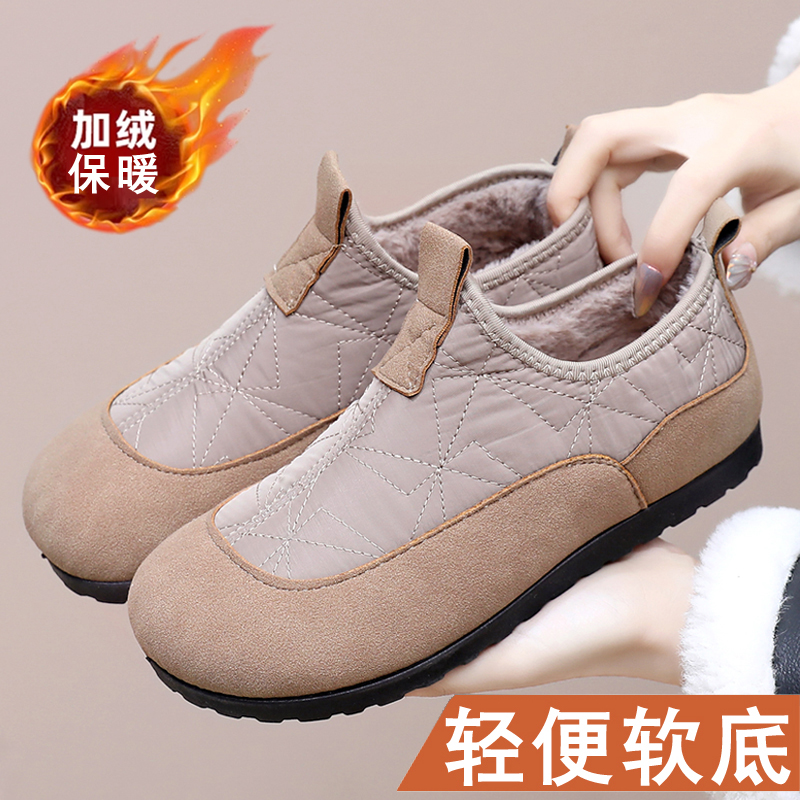 冬季新款2025老北京布鞋女棉鞋加绒加厚一脚蹬防滑雪地靴妈妈短靴