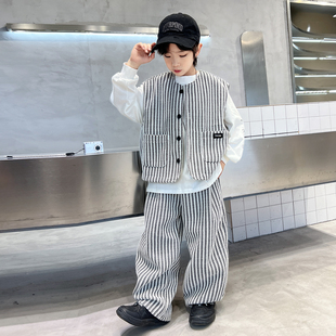 2026春季新款男童春秋休闲套装韩系中大童帅气条纹马甲两件套装潮