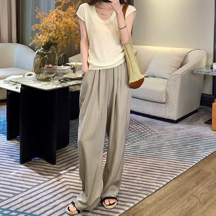 白色U领T恤女夏新款宽松时尚气质无袖短款针织衫上衣