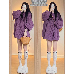 紫色麻花毛衣女春装2026新款慵懒风设计高级感针织衫上衣外穿厚