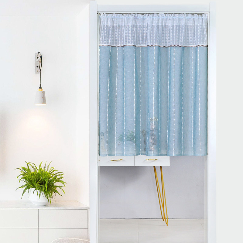 韩式布艺遮挡帘简约透气卧室厨房门帘免打孔隔断纱帘仿棉麻短帘子