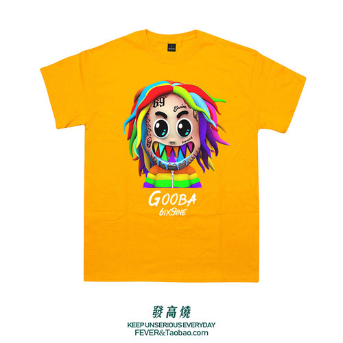 6ix9ine同款卡通粉色鲨鱼GOOBA短袖T恤男美式说唱嘻哈衣服半袖潮