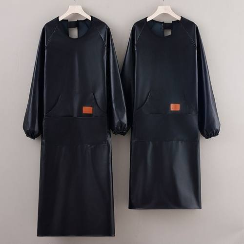 新款长袖加长罩衣皮革反穿围裙防水防油厨房PU工厂车间修车工作服