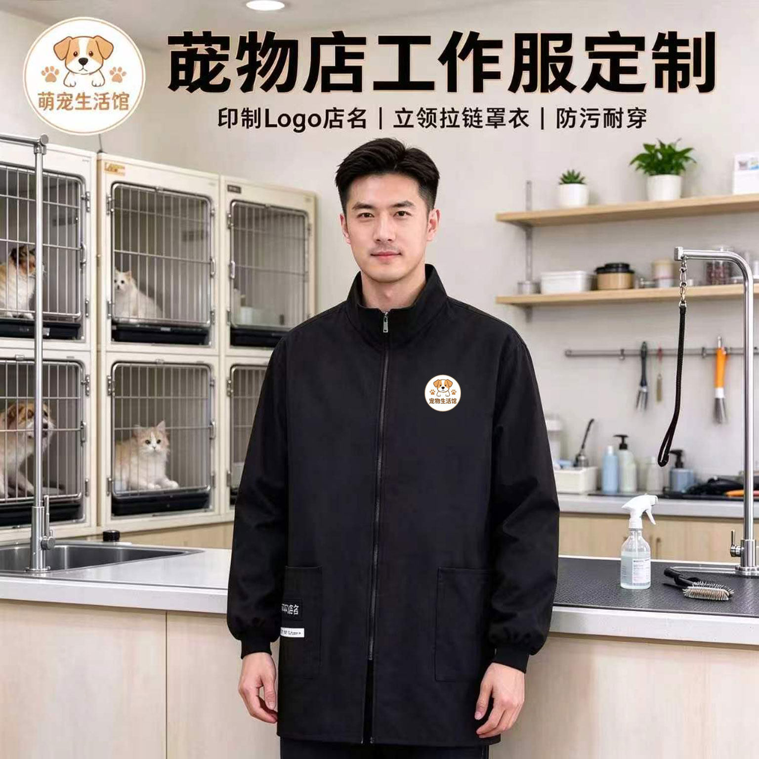宠物美容洗护工作服可定logo立领拉链长袖围裙宠物店员工防污罩衣