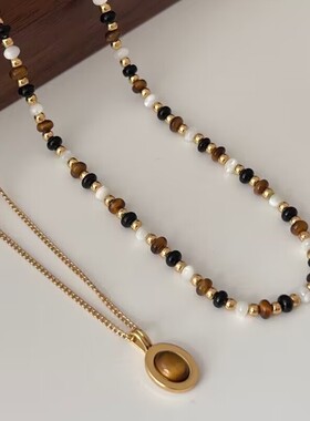WYK虎眼石黑玛瑙母贝吊坠项链女彩色串珠毛衣链叠戴美拉德锁骨链