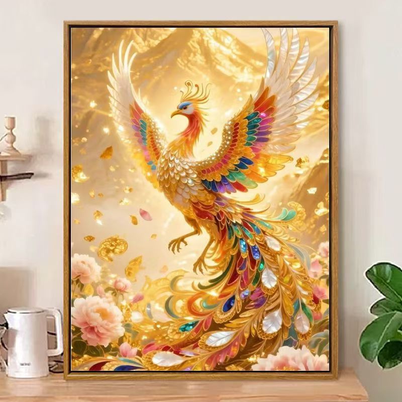 国潮金凤凰十字绣新款高颜值吉祥物线绣客厅玄关竖版diy手工自绣