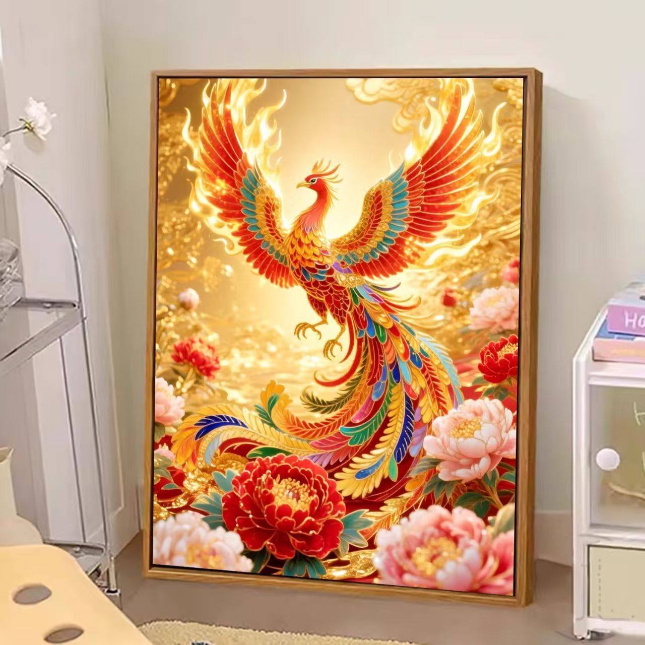 凤凰于飞十字绣新款富贵牡丹凤凰吉祥物线绣客厅玄关竖版diy刺绣