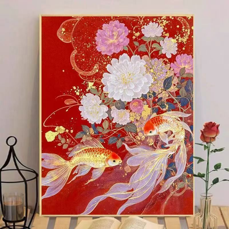 国风招财锦鲤十字绣新款高颜值鲤鱼花卉线绣客厅玄关手工diy刺绣