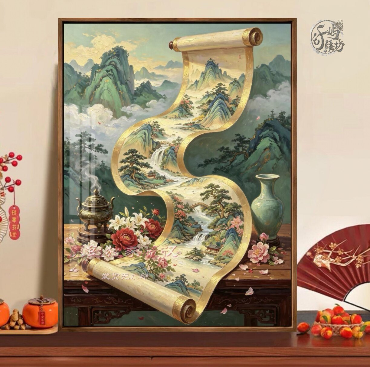 国风山水画卷十字绣新款原创高山流水风景线绣客厅玄关diy手工绣