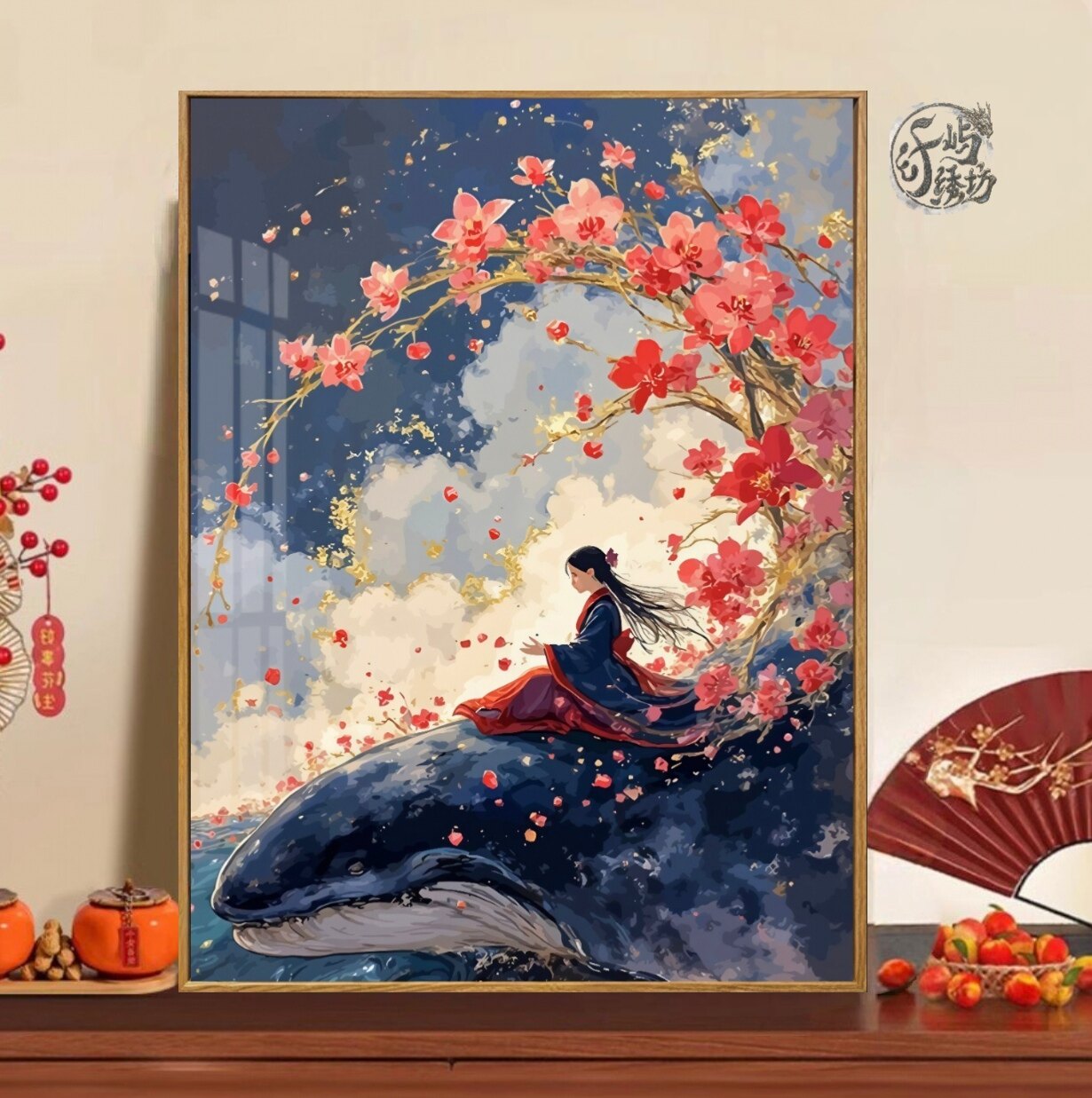 鲸背观花雨十字绣新款高级感ins古风人物线绣客厅玄关手工diy刺绣