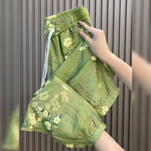 女2026新款 子高腰显瘦拖地裤 夏季 宽松休闲花裤 薄款 绿色印花阔腿裤