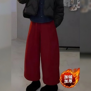 复古风红色加绒牛仔九分裤女冬季2026新款大码胖mm韩版休闲阔腿裤