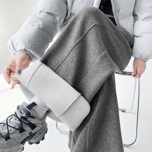 高级宽松慵懒垂感直筒休闲加绒阔腿裤 灰色糯米裤 子女秋冬2025新款