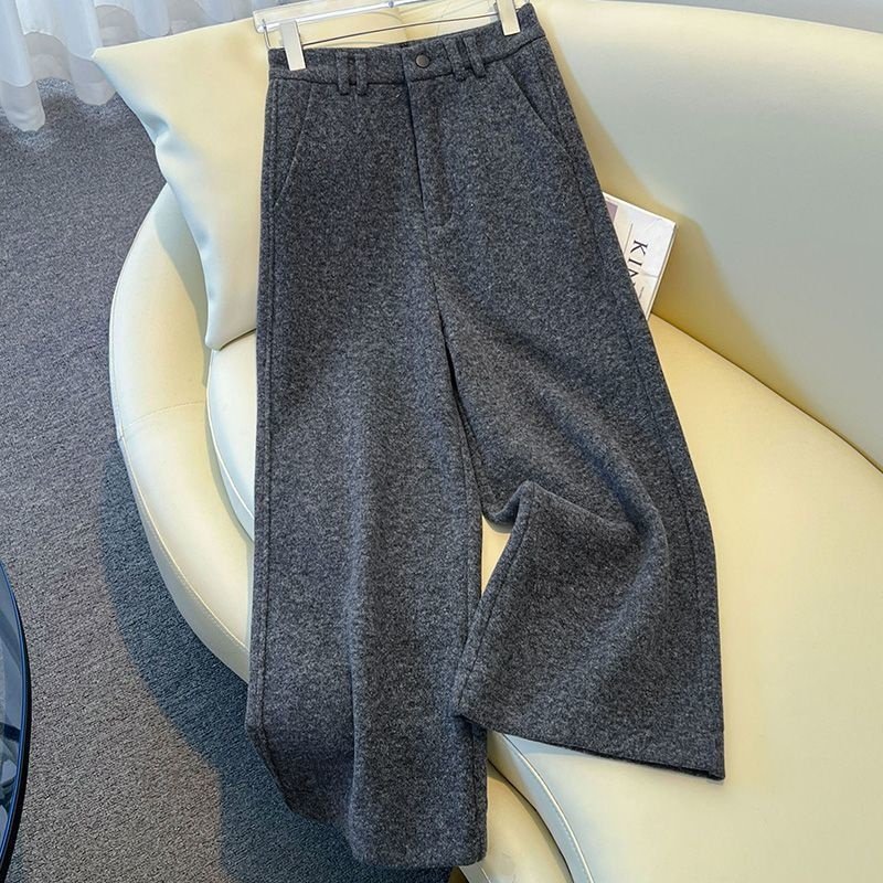 高级灰毛呢阔腿裤女秋冬高腰长裤羊毛休闲直筒九分西裤拖地西装裤