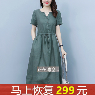 妈妈新款 外贸原单专柜撤回棉麻连衣裙女夏装 亚麻高级感女士中长裙