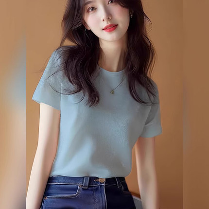 短袖T恤女2025新款夏欧货小衫洋气独特别致绝美冰丝蓝色上衣早春