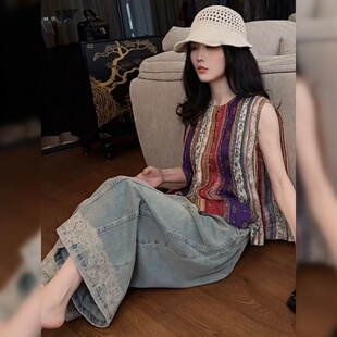 蕾丝阔腿牛仔裤女2026夏季薄款高腰大宽腿小个子不贴腿九分直筒裤