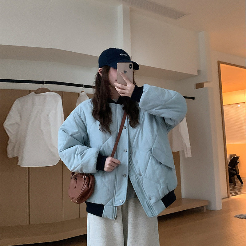 秋冬菱格短款宽松加厚棒球棉服女