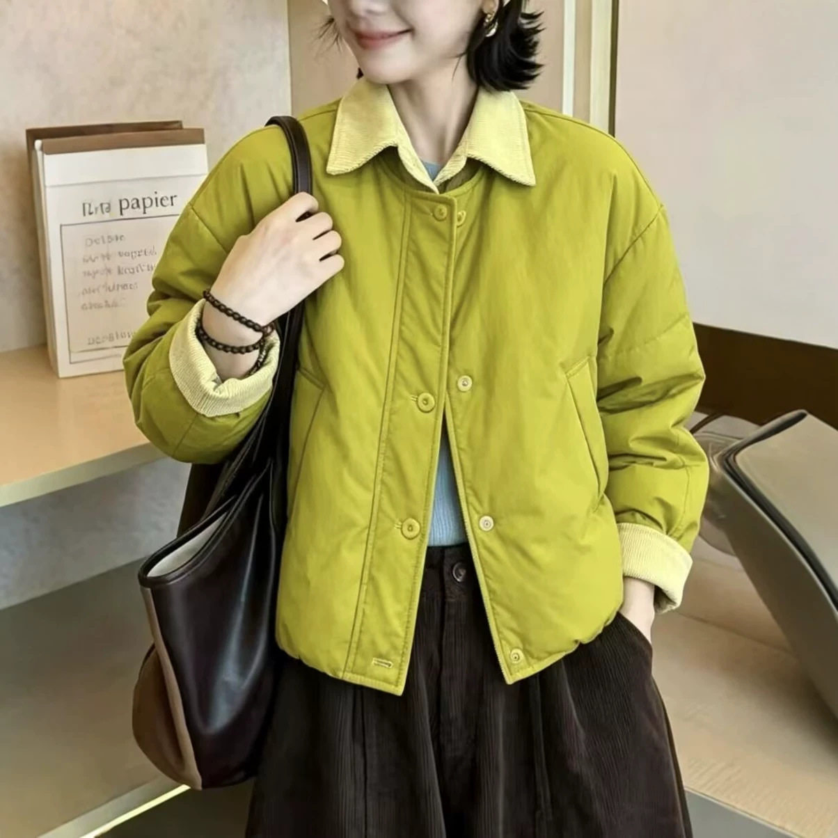 秋冬轻薄短款撞色棉服小个子