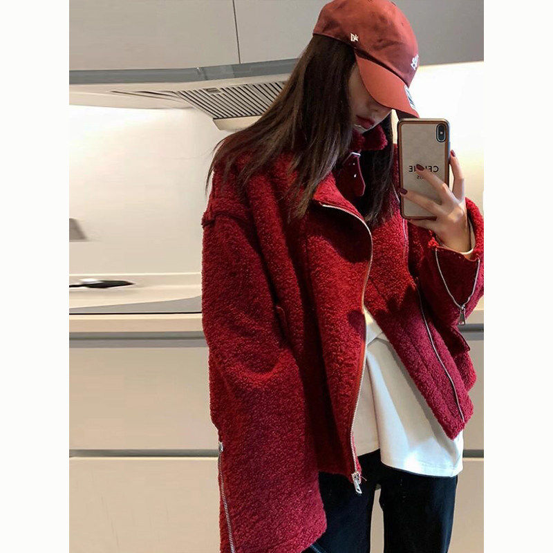 红色仿羊羔绒加厚机车短外套女