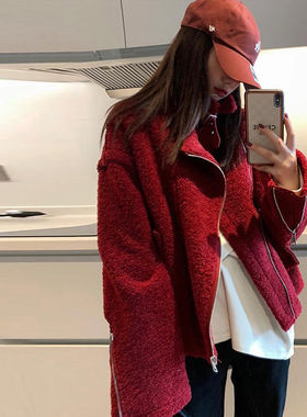 红色仿羊羔绒加厚机车短外套女