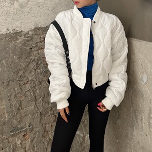 冬季新款棉服短款外套女设计感小众小个子白色菱格洋气韩版年加厚