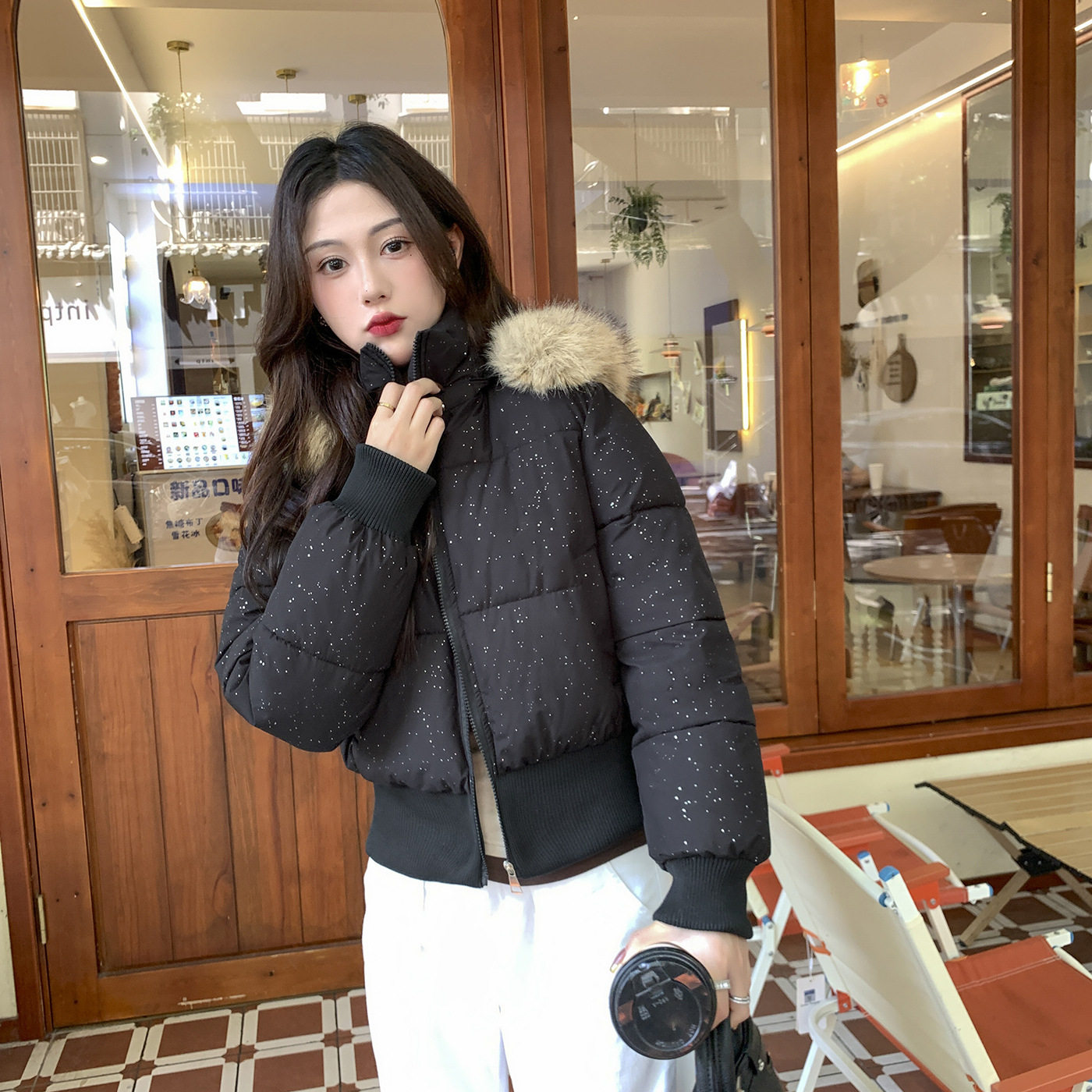 日系仿貉子毛大毛领短款面包服女