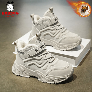 巴布豆儿童雪地靴加绒加厚保暖大棉鞋皮面防水男童雪地靴时尚高帮