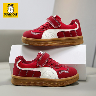 巴布豆儿童时尚板鞋男童2025新款春秋季皮面防水红色女童运动鞋子