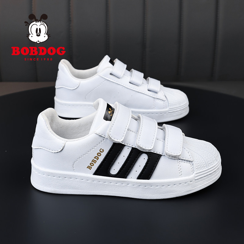 巴布豆儿童板鞋皮面防水2026新款小白鞋女童贝壳头男童运动鞋子