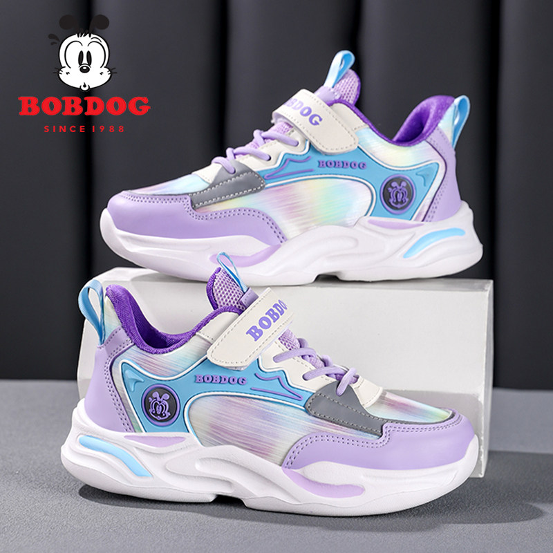 巴布豆女童运动鞋皮面防水2026新款秋季小中大童时尚儿童跑步鞋子