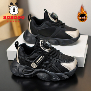 巴布豆女童黑色运动鞋皮面防水冬季加绒二棉保暖儿童老爹鞋时尚