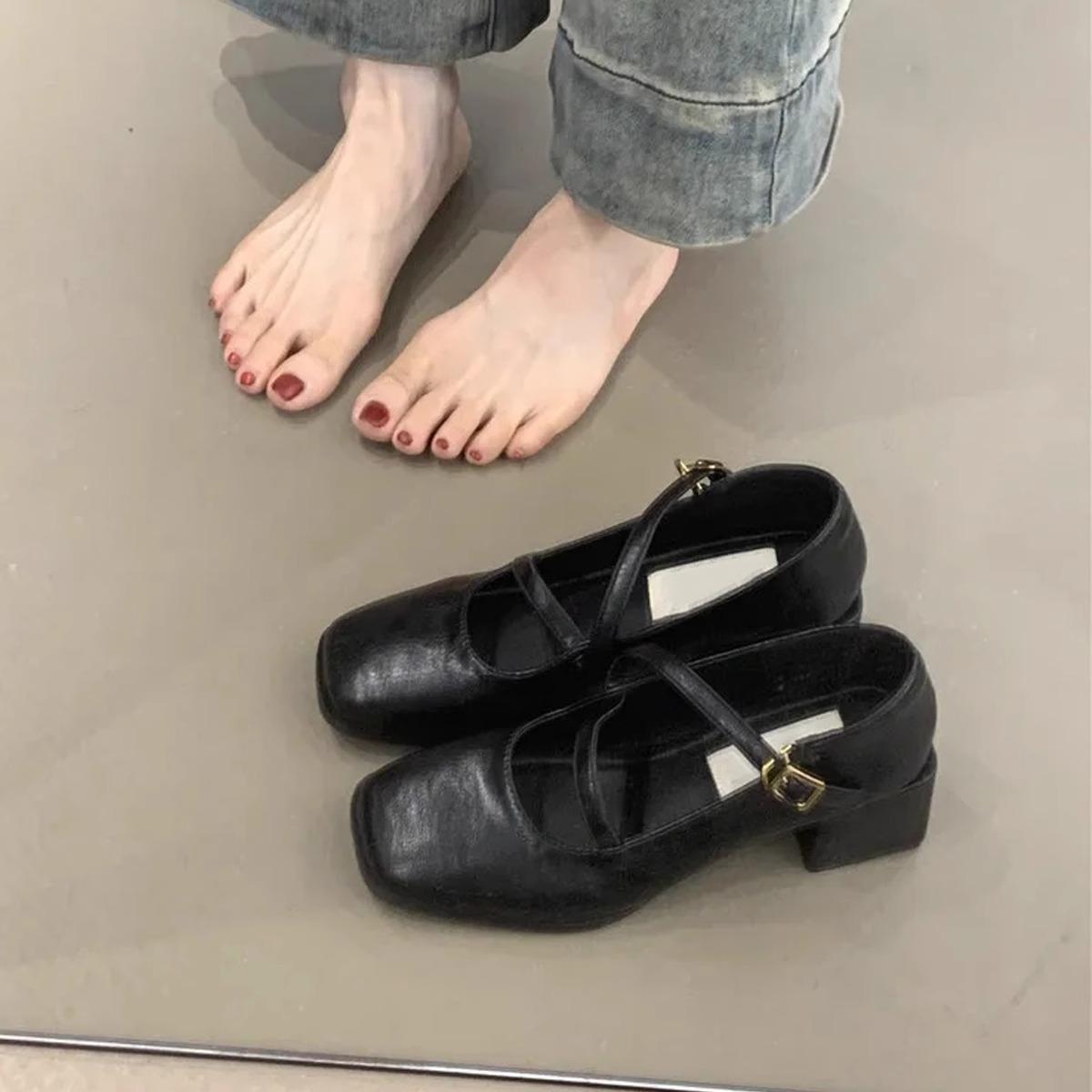 羊皮版~复古方头高跟玛丽珍女鞋浅口气质粗跟单鞋一字扣带小皮鞋