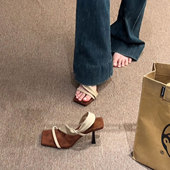 绝美小高跟鞋 女夏方头露趾凉鞋 气质复古单鞋 小黑线上法式 拖鞋
