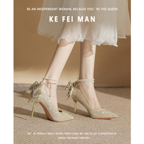 婚礼新娘鞋婚鞋珍珠蝴蝶结高跟鞋