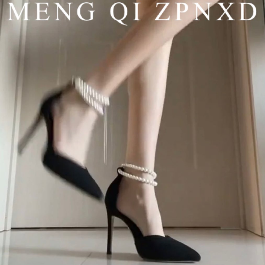 黑色高跟鞋女2024新款尖头细跟珍珠脚环高级感一字扣带凉鞋单鞋子