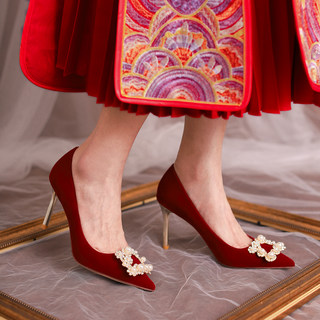珍珠方扣婚鞋冬季女新款中式秀禾婚纱两穿红色礼服新娘高跟鞋